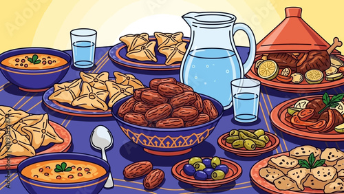 Assorted traditional Middle Eastern dishes and beverages served on a vibrant table setting with various bowls and a large pitcher of water