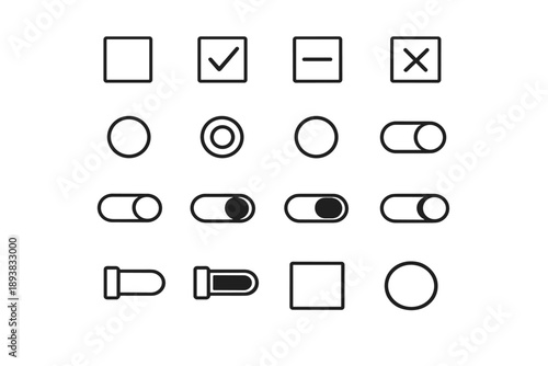 Checkbox and radio buttons. Line outline icon set of Checkbox and radio buttons: checkbox unchecked, checkbox
