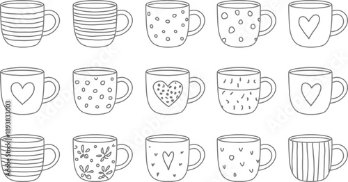 Decorative coffee mug set with fifteen unique black and white designs including hearts, stripes, florals and dots