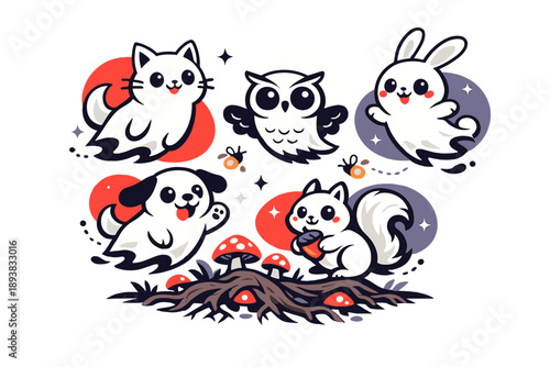 Haunted forest creatures. Cute ghost animals floating above roots and mushrooms, fireflies lighting their