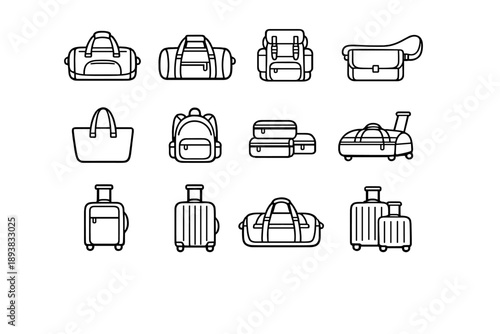 Travel bags icons. Line outline icon set of Travel bags icons: overnight bag, gym bag, travel pack, shoulder