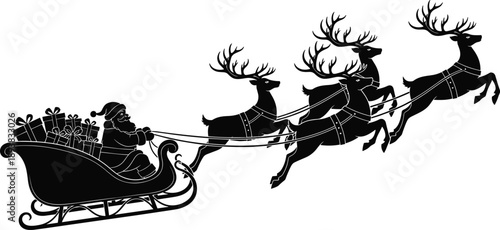 Black silhouette of Santa Claus in reindeer sleigh with Christmas gifts, festive flying winter holiday illustration isolated on white background for seasonal design.