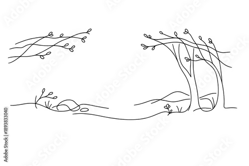 "Springtime mystical woodland". Minimalistic one-line drawing quiet forest clearing with budding branches and
