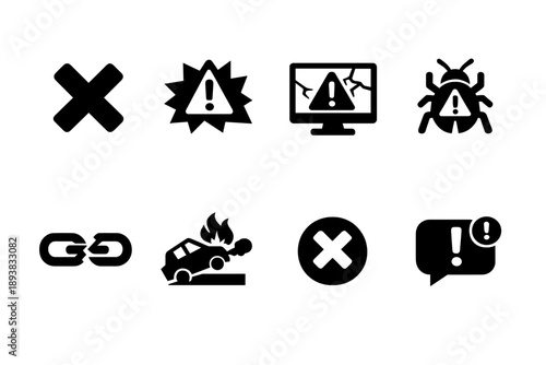 Error Symbols. Filled icon set of Error Symbols: error cross, critical error, system failure, bug, broken link