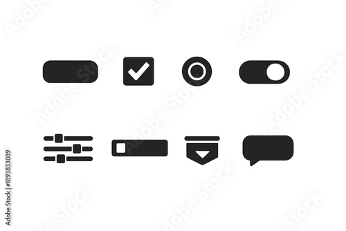 User Interface. Filled icon set of User Interface: button, checkbox, radio button, toggle switch, slider, text