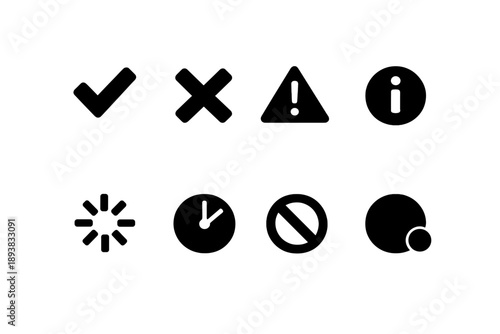 Black Status Icons. Status Indicators. Filled icon set of Status Indicators: success checkmark, error cross,