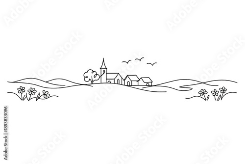 "Spring village landscape". Minimalistic one-line drawing small countryside village with flowers, rolling