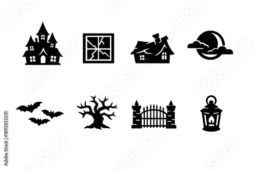 Halloween haunted mansion. Filled icon set of Halloween haunted mansion: haunted house, broken window, crooked