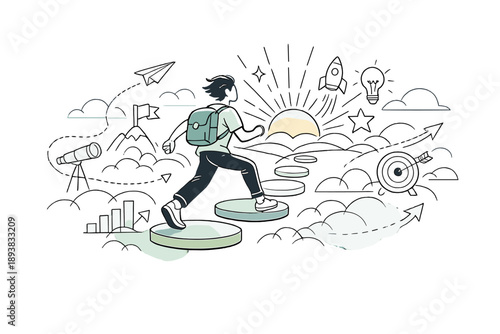 Big dreams journey. A figure stepping across floating platforms toward a glowing horizon of symbols. Courage,