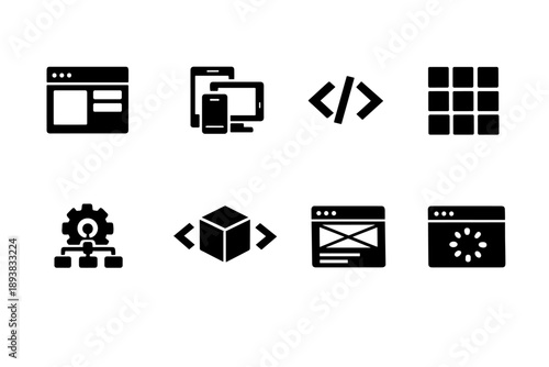 Frontend development. Filled icon set of Frontend development: ui layout, responsive screen, html tags, css