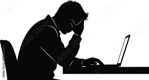 Black silhouette of stressed man sitting at desk with laptop, suffering from headache and office burnout, overworked employee concept isolated on white background.