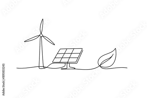 "Green technology concept". Minimalistic one-line drawing wind turbine, solar panel and leaf connected in