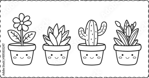 Cute cartoon potted plant set with smiling flower, succulent, cactus and leafy buds in black and white outline