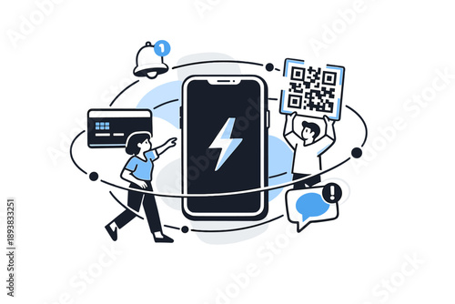 Mobile banking icons. Minimal icons of cards, QR payments, and notifications orbiting a central phone, light