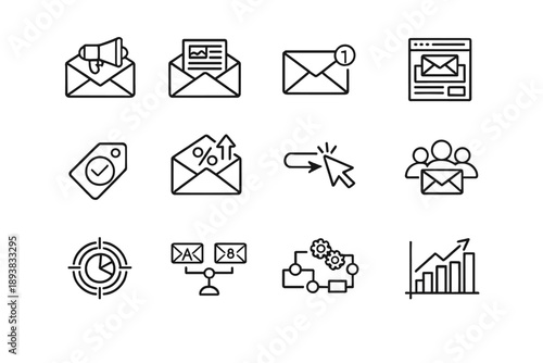 Email Marketing. Line outline icon set of Email Marketing: email campaign, newsletter, inbox message, email