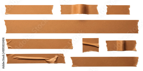 Collection of various brown adhesive tape pieces with textured and creased details on a white background