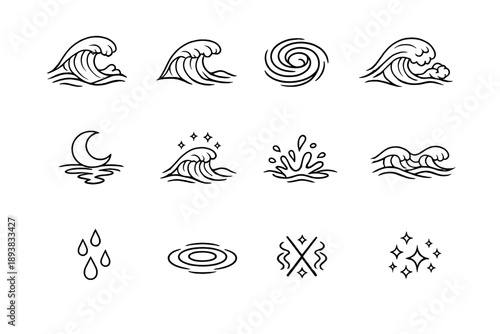 Mythical sea waves. Line outline icon set of Mythical sea waves: mythical wave, cresting sea wave, spiral