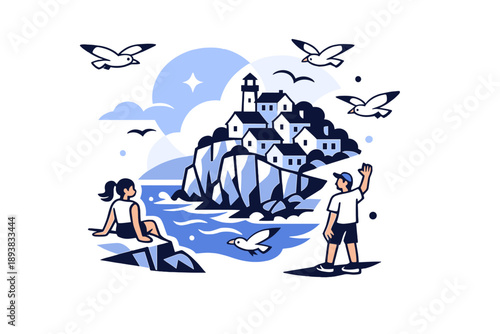 Coastal village in sunlight. Cliffs and pastel houses stacked above the shore, seagulls circling in a wide