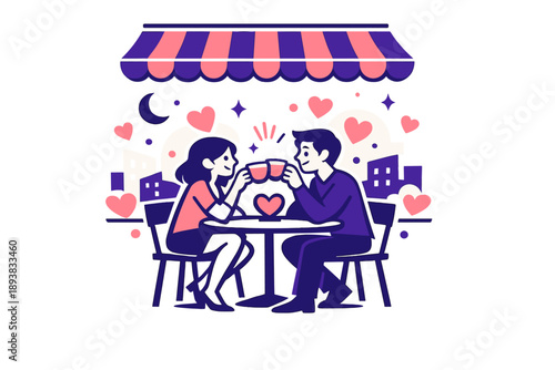 Valentine café scene. Lovers clinking cups under striped awning, city lights and hearts drifting around like