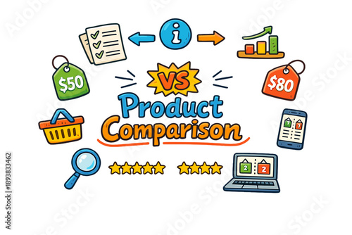 Product Comparison. Hand-drawn doodle illustration of Product Comparison. two price tags, versus symbol,