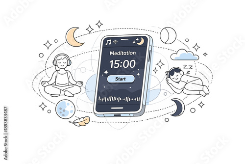 Sleep and relaxation app illustration. Floating phone screen with night mode UI, meditation timer and moon