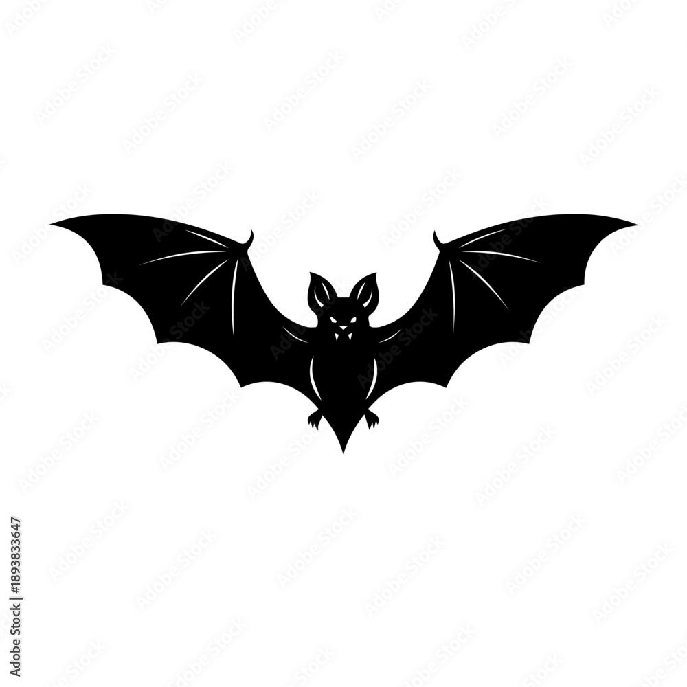 Fototapeta premium A striking black silhouette of a bat with outstretched wings, featuring glowing eyes, isolated on a clean white background.