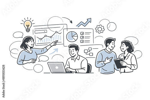 AI-assisted collaboration. Professionals interacting with smart interfaces, data shapes and lightbulb icons