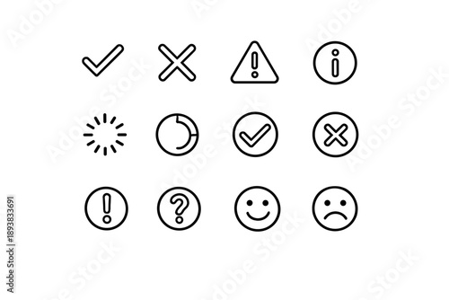 Interface feedback symbols. Line outline icon set of Interface feedback symbols: success checkmark, error