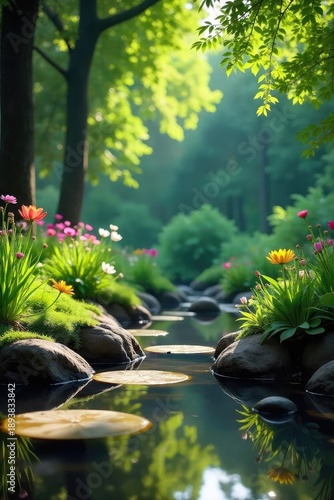 Serene scene of a tranquil garden, perfect for promoting relaxation and mindfulness practices in a meditation business Ideal for websites, social media, and marketing materials , harmony, wellbeing