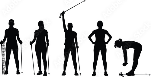 Black silhouette of woman performing nordic walking exercises, fitness training with trekking poles, healthy lifestyle workout sequence isolated on white background, outdoor sports concept.
