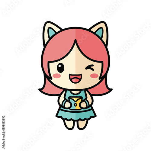 Cute Kawaii Girl with Cat Ears Vector Illustration
