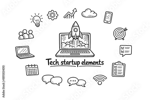 Tech startup elements. Hand-drawn doodle illustration of Tech startup elements. In the middle, one slightly