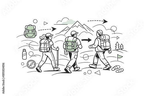 Mountain Hiking Adventure. Adventure Getaway. Hikers moving toward mountains, backpacks and arrows floating to