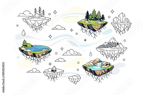 Surreal environmental art: floating nature fragments. Pieces of forests, lakes and rocks hovering in open