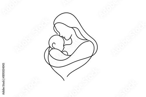 Abstract parent love. Minimalistic one-line drawing mother and child with flowing connected silhouettes