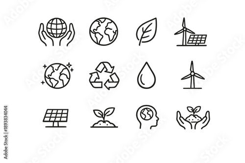 Environmental protection concept. Line outline icon set of Environmental protection concept: protecting hands,