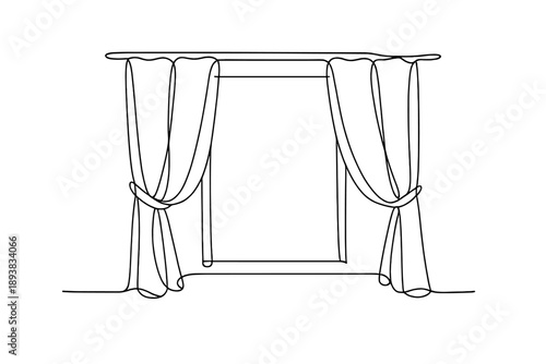Curtained window. Minimalistic one-line drawing window with softly flowing curtains gently parted, continuous
