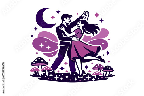 Magical love story. A couple dancing in a moonlit forest clearing, glowing mushrooms and stars around their