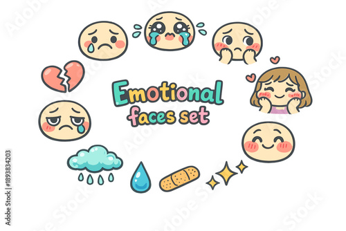 Emotional faces set. Hand drawn illustration of Emotional faces set. sad face, cute cry face, worried face,
