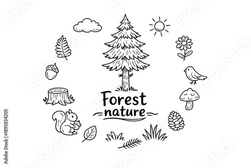 Forest nature. Hand-drawn doodle illustration of Forest nature. In the middle, one slightly larger central