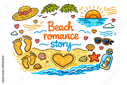 Beach Romance Doodles. Beach romance story. Hand-drawn doodle illustration of Beach romance story. couple
