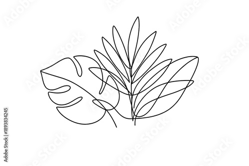 Tropical Leaves. Minimalistic one-line drawing overlapping tropical leaves with broad shapes and flowing edges