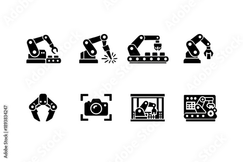 Industrial robotics. Filled icon set of Industrial robotics: factory robot, robotic welding, assembly line