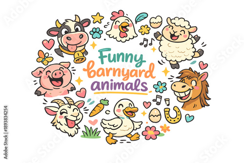 Funny barnyard animals. Hand drawn illustration of Funny barnyard animals. goofy cow face, laughing pig, silly