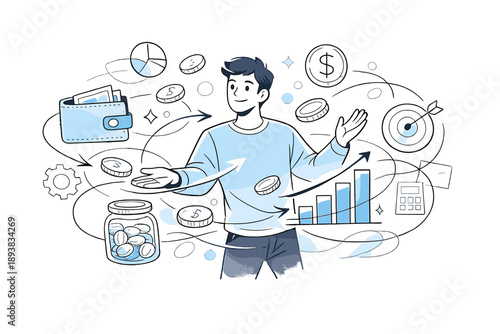 Colorful finance illustration. A person managing money flow with floating coins, charts, and wallet icons