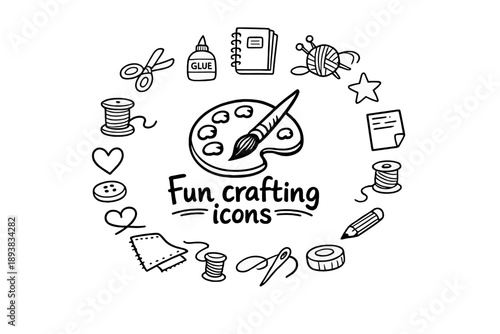 Fun crafting icons. Hand-drawn doodle illustration of Fun crafting icons. In the middle, one slightly larger