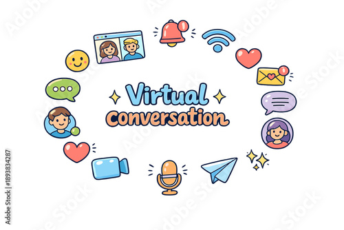 Virtual conversation. Hand drawn illustration of Virtual conversation. video chat window, chat bubbles, emoji