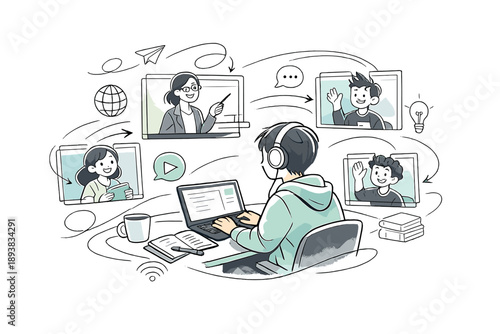 Remote Education Concept. A student connected to a virtual classroom, teacher and classmates appearing as