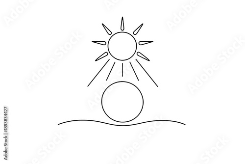 "Solar energy concept". Minimalistic one-line drawing of a radiant sun emitting balanced rays toward a