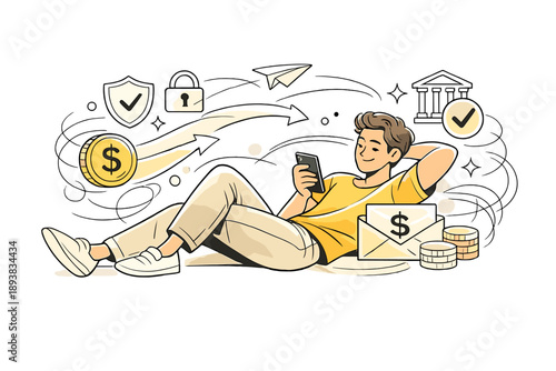 Mobile finance comfort. A relaxed person transferring money with a phone, abstract arrows and symbols flowing